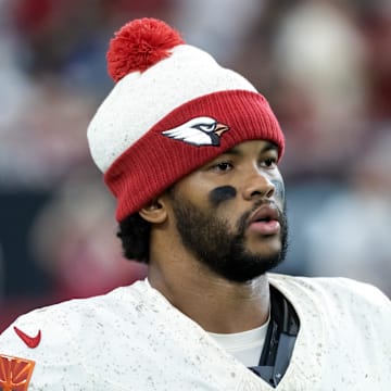 Sep 25, 2025; Glendale, Arizona, USA; Arizona Cardinals quarterback Kyler Murray (1) against the Seattle Seahawks at State Farm Stadium. Mandatory Credit: Mark J. Rebilas-Imagn Images