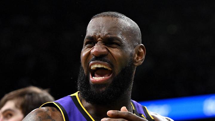 Mar 8, 2025; Boston, Massachusetts, USA; Los Angeles Lakers forward LeBron James (23) reacts after a non-call against the Boston Celtics during the second quarter at the TD Garden. Mandatory Credit: Brian Fluharty-Imagn Images