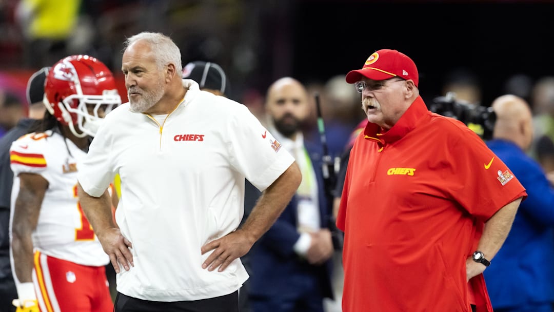 Feb 9, 2025; New Orleans, LA, USA;  Kansas City Chiefs special teams coordinator Dave Toub (left) with head coach Andy Reid against the Philadelphia Eagles in Super Bowl LIX at Ceasars Superdome. 