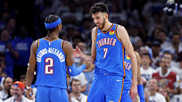 May 28, 2025; Oklahoma City, Oklahoma, USA; Oklahoma City Thunder forward Chet Holmgren (7) and guard Shai Gilgeous-Alexander (2) celebrates during the second quarter against the Minnesota Timberwolves in game five of the western conference finals for the 2025 NBA Playoffs at Paycom Center. Mandatory Credit: Alonzo Adams-Imagn Images