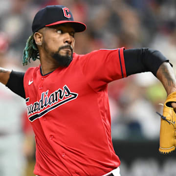 Jul 21, 2023; Cleveland, Ohio, USA; Cleveland Guardians relief pitcher Emmanuel Clase (48) throws a pitch during the ninth inning against the Philadelphia Phillies at Progressive Field.