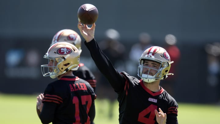 Jul 26, 2024; Santa Clara, CA, USA; San Francisco 49ers quarterback Brandon Allen (17) and quarterback Tanner Mordecai (4) drop to pass in drills during Day 4 of training camp at SAP Performance Facility. Mandatory Credit: D. Ross Cameron-USA TODAY Sports