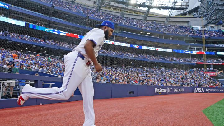 Toronto Blue Jays first baseman Vladimir Guerrero Jr. (27) runs out of the dugout before the start of a game against the Oakland Athletics at Rogers Centre on Aug 9.