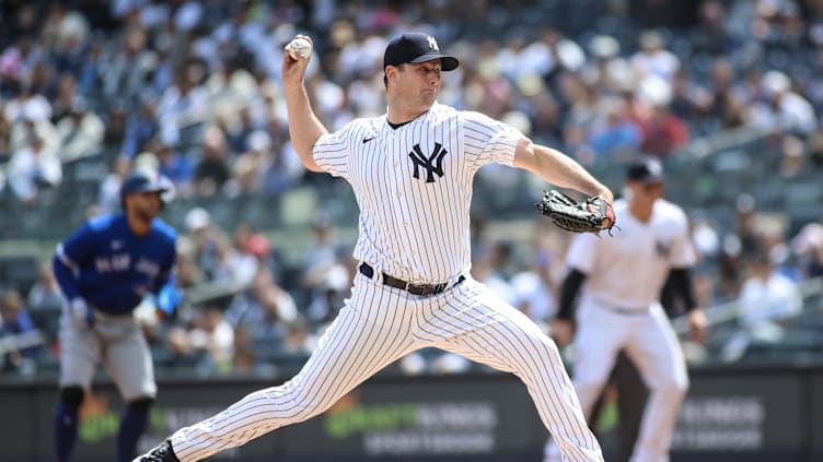 Apr 22, 2023; Bronx, New York, USA;  New York Yankees starting pitcher Gerrit Cole (45) pitches in