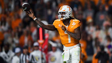 Tennessee quarterback Joe Milton III (7) throws the ball during the NCAA college football game against Vanderbilt on Saturday, November 25, 2023, in Knoxville, Tenn.