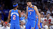 May 28, 2025; Oklahoma City, Oklahoma, USA; Oklahoma City Thunder forward Chet Holmgren (7) and guard Shai Gilgeous-Alexander (2) celebrates during the second quarter against the Minnesota Timberwolves in game five of the western conference finals for the 2025 NBA Playoffs at Paycom Center. Mandatory Credit: Alonzo Adams-Imagn Images