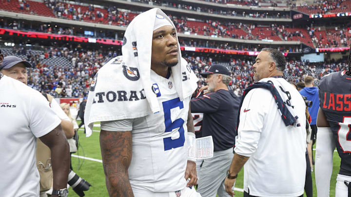 Oct 27, 2024; Houston, Texas, USA; Indianapolis Colts quarterback Anthony Richardson (5) reacts after the game against the Houston Texans at NRG Stadium. Mandatory Credit: Troy Taormina-Imagn Images Oct 27, 2024; Houston, Texas, USA; Indianapolis Colts quarterback Anthony Richardson (5) reacts after the game against the Houston Texans at NRG Stadium. Mandatory Credit: Troy Taormina-Imagn Images