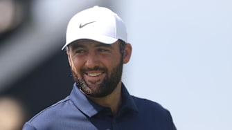 Scottie Scheffler on the first hole during the final round of The 153rd Open Championship golf tournament at Royal Portrush.