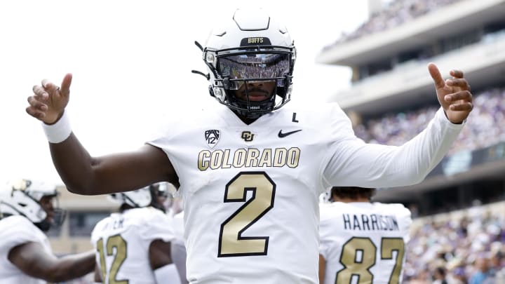 Sep 2, 2023; Fort Worth, Texas, USA; Colorado Buffaloes quarterback Shedeur Sanders (2) celebrates a touchdown in the first quarter against the TCU Horned Frogs at Amon G. Carter Stadium.