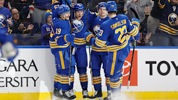 Buffalo Sabres players Beck Malenstyn, Peyton Krebs, Tyson Kozak and Mattias Samuelsson