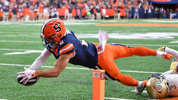 Sep 7, 2024; Syracuse, New York, USA; Syracuse Orange wide receiver Trebor Pena (2) scores a touchdown.