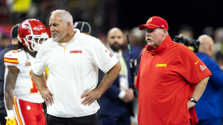Feb 9, 2025; New Orleans, LA, USA;  Kansas City Chiefs special teams coordinator Dave Toub (left) with head coach Andy Reid against the Philadelphia Eagles in Super Bowl LIX at Ceasars Superdome. Mandatory Credit: Mark J. Rebilas-Imagn Images