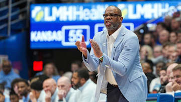 Nov 8, 2024; Lawrence, Kansas, USA; North Carolina Tar Heels head coach Hubert Davis reacts during the second half against the Kansas Jayhawks at Allen Fieldhouse. Mandatory Credit: Jay Biggerstaff-Imagn Images