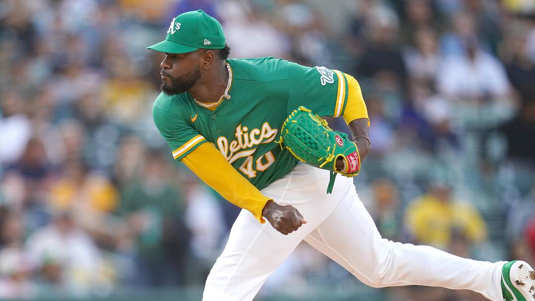 May 29, 2026; West Sacramento, California, USA; Athletics pitcher Luis Severino (40) follows through on a pitch against the New York Yankees in the first inning at Sutter Health Park. Mandatory Credit: Cary Edmondson-Imagn Images
