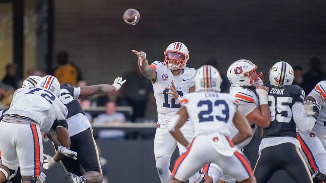 Auburn quarterback Ashton Daniels (12) passes during the second quarter against Vanderbilt at FirstBank Stadium in Nashville, Tenn., Saturday, Nov. 8, 2025.