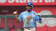 Kansas City, Missouri, USA; Kansas City Royals third base Maikel Garcia (11) celebrates against the Cincinnati Reds after reaching second base in the seventh inning at Kauffman Stadium.