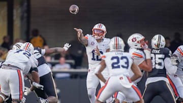 Auburn quarterback Ashton Daniels (12) passes during the second quarter against Vanderbilt at FirstBank Stadium in Nashville, Tenn., Saturday, Nov. 8, 2025.