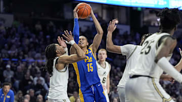 Feb 1, 2025; Winston-Salem, North Carolina, USA; Pittsburgh Panthers guard Jaland Lowe (15) shoots under pressure from Wake Forest Demon Deacons guard Hunter Sallis (23) during the second half at Lawrence Joel Veterans Memorial Coliseum. Mandatory Credit: Jim Dedmon-Imagn Images