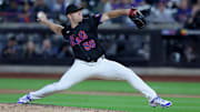 Sep 12, 2025; New York City, New York, USA; New York Mets relief pitcher Ryan Helsley (56) pitches against the Texas Rangers during the ninth inning at Citi Field. Mandatory Credit: Brad Penner-Imagn Images