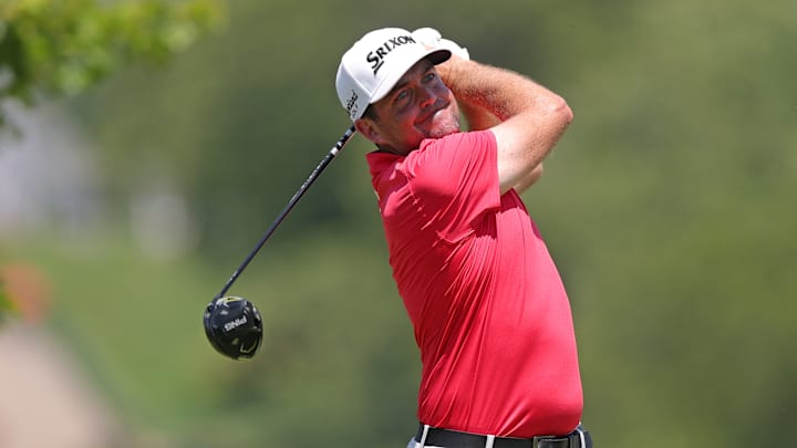 Keegan Bradley tees off during the final round of the 2025 Travelers Championship at TPC River Highlands