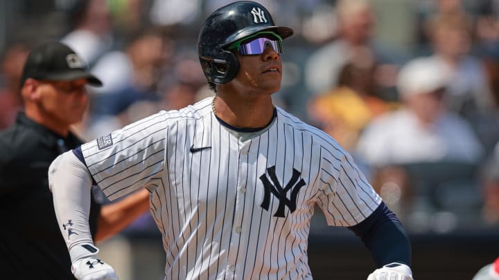 Aug 11, 2024; Bronx, New York, USA; New York Yankees right fielder Juan Soto (22) looks upon at his solo home run during the third inning against the Texas Rangers at Yankee Stadium.