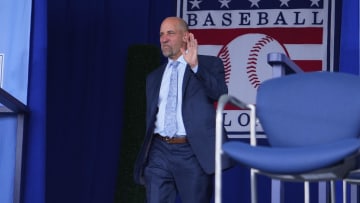 Jul 21, 2024; Cooperstown, New York, USA; Hall of Famer John Smoltz is introduced during the National Baseball Hall of Fame Induction Ceremony in Cooperstown, NY. Mandatory Credit: Gregory Fisher-USA TODAY Sports