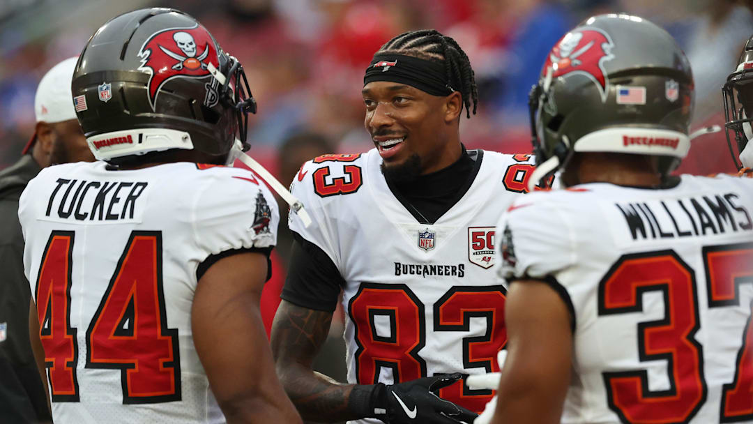 Aug 23, 2025; Tampa, Florida, USA; Tampa Bay Buccaneers wide receiver Tez Johnson (83), running back Sean Tucker (44) and running back Josh Williams (37) prior to the game against the Buffalo Bills at Raymond James Stadium. Mandatory Credit: Kim Klement Neitzel-Imagn Images
