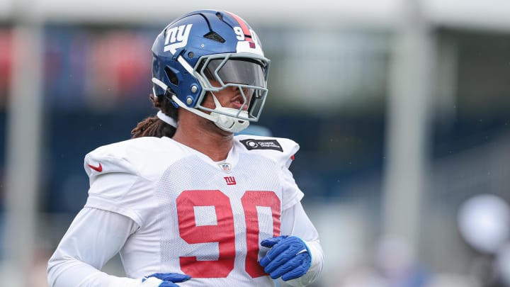 Jul 24, 2024; East Rutherford, NJ, USA; New York Giants defensive tackle Ryder Anderson (90) participates in drills during training camp at Quest Diagnostics Training Facility.  