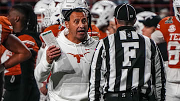 Dec 21, 2024; Austin, Texas, USA; Texas Longhorns head coach Steve Sarkisian disputes a call against the Clemson Tigers in the first round of the College Football Playoffs at Darrell K Royal-Texas Memorial Stadium. Mandatory Credit: Aaron E. Martinez/USA Today Network via Imagn Images