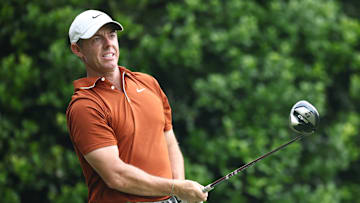 Rory McIlroy tees off during the second round of the 2025 PGA Championship
