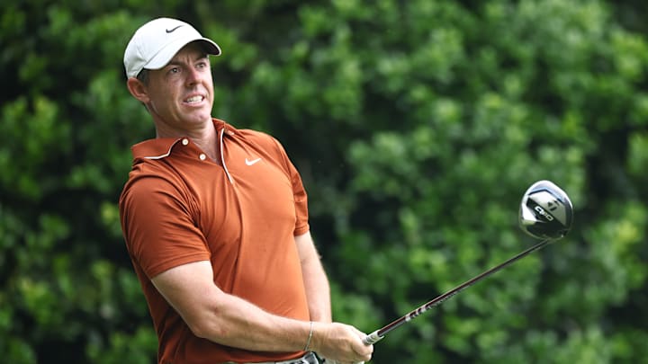 Rory McIlroy tees off during the second round of the 2025 PGA Championship