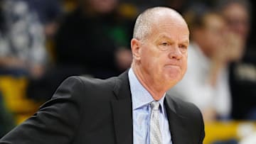 Feb 15, 2025; Boulder, Colorado, USA; Colorado Buffaloes head coach Tad Boyle reacts on the sideline in the first half against the UCF Knights at the CU Events Center.