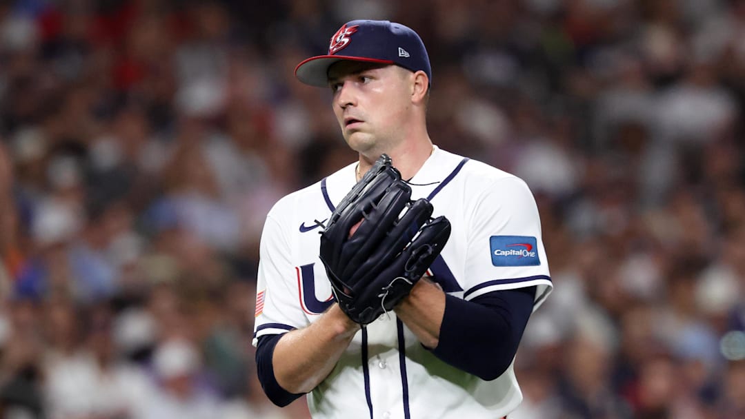 Mar 7, 2026; Houston, TX, United States; United States pitcher Tarik Skubal (27) reacts to an out against Great Britain during the first inning at Daikin Park. Mandatory Credit: Troy Taormina-Imagn Images