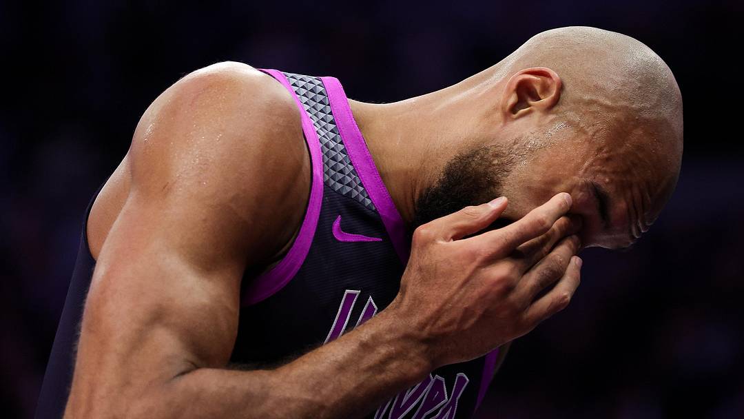 Mar 28, 2026; Minneapolis, Minnesota, USA; Minnesota Timberwolves center Rudy Gobert (27) reacts during the second half against the Detroit Pistons at Target Center. Mandatory Credit: Matt Krohn-Imagn Images