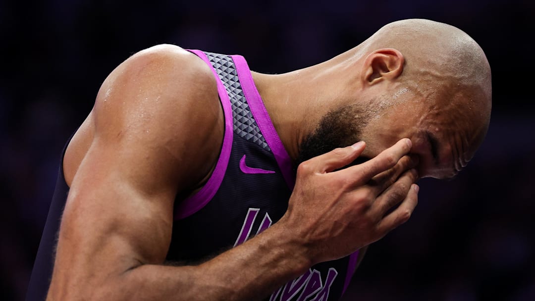 Mar 28, 2026; Minneapolis, Minnesota, USA; Minnesota Timberwolves center Rudy Gobert (27) reacts during the second half against the Detroit Pistons at Target Center. Mandatory Credit: Matt Krohn-Imagn Images