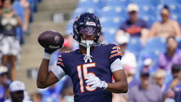 Aug 10, 2024; Orchard Park, New York, USA; Chicago Bears wide receiver Rome Odunze (15) warms up prior to the game against the Chicago Bears at Highmark Stadium. Mandatory Credit: Gregory Fisher-Imagn Images