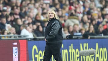 Nov 30, 2024; London, England;  United States head coach Emma Hayes in the second  half of an International friendly at Wembley Stadium. Mandatory Credit: Peter van den Berg-Imagn Images