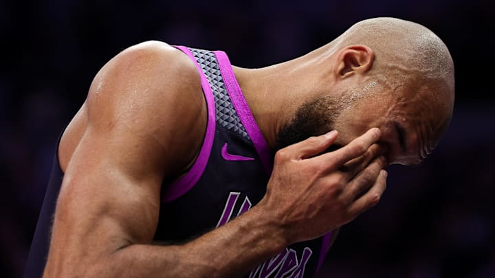Mar 28, 2026; Minneapolis, Minnesota, USA; Minnesota Timberwolves center Rudy Gobert (27) reacts during the second half against the Detroit Pistons at Target Center. Mandatory Credit: Matt Krohn-Imagn Images