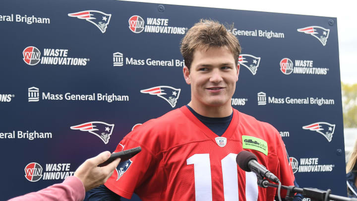 May 11, 2024; Foxborough, MA, USA; New England Patriots quarterback Drake Maye (10) speaks to the