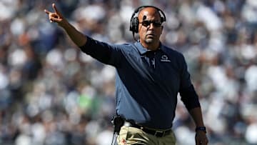Sep 24, 2022; University Park, Pennsylvania, USA; Penn State Nittany Lions head coach James Franklin gestures from the sidelines during the fourth quarter against the Central Michigan Chippewas at Beaver Stadium. Penn State defeated Central Michigan 33-14. Mandatory Credit: Matthew OHaren-Imagn Images