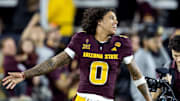 Nov 28, 2025; Tempe, Arizona, USA; Arizona State Sun Devils wide receiver Jordyn Tyson (0) against the Arizona Wildcats during the 99th Territorial Cup at Mountain America Stadium. Mandatory Credit: Mark J. Rebilas-Imagn Images