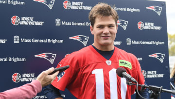 May 11, 2024; Foxborough, MA, USA; New England Patriots quarterback Drake Maye (10) speaks to the media after practice at the New England Patriots rookie camp at Gillette Stadium.  Mandatory Credit: Eric Canha-USA TODAY Sports