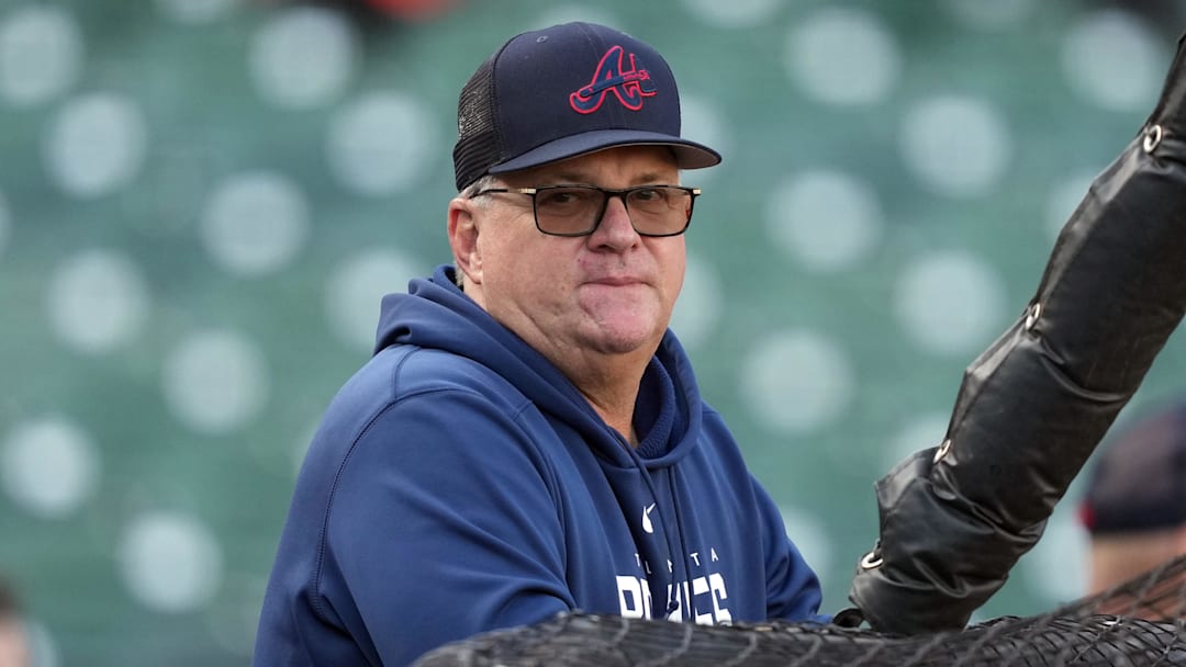Aug 25, 2023; San Francisco, California, USA; Atlanta Braves hitting coach Kevin Seitzer (34) before the game against the San Francisco Giants at Oracle Park. Mandatory Credit: Darren Yamashita-Imagn Images