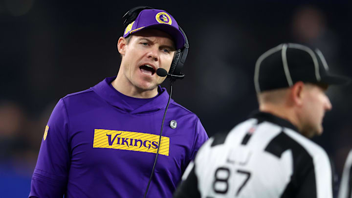Jan 13, 2025; Glendale, AZ, USA; Minnesota Vikings head coach Kevin O'Connell reacts against the Los Angeles Rams during the second half in an NFC wild card game at State Farm Stadium. Mandatory Credit: Mark J. Rebilas-Imagn Images