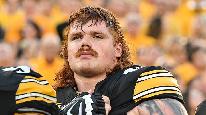 Sep 13, 2025; Iowa City, Iowa, USA; Iowa Hawkeyes offensive lineman Gennings Dunker (67) looks on before the game against the Massachusetts Minutemen at Kinnick Stadium. Mandatory Credit: Jeffrey Becker-Imagn Images