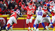 Jan 26, 2025; Kansas City, MO, USA; Kansas City Chiefs quarterback Patrick Mahomes (15) drops back to pass against the Buffalo Bills during the second half in the AFC Championship game at GEHA Field at Arrowhead Stadium. Mandatory Credit: Mark J. Rebilas-Imagn Images