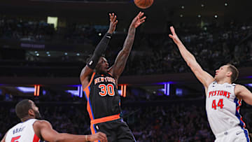 Nov 11, 2022; New York, New York, USA; New York Knicks forward Julius Randle (30) shoots the ball over the Detroit Pistons