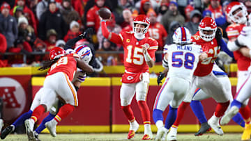 Jan 26, 2025; Kansas City, MO, USA; Kansas City Chiefs quarterback Patrick Mahomes (15) drops back to pass against the Buffalo Bills during the second half in the AFC Championship game at GEHA Field at Arrowhead Stadium. Mandatory Credit: Mark J. Rebilas-Imagn Images