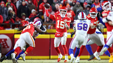 Jan 26, 2025; Kansas City, MO, USA; Kansas City Chiefs quarterback Patrick Mahomes (15) drops back to pass against the Buffalo Bills during the second half in the AFC Championship game at GEHA Field at Arrowhead Stadium. Mandatory Credit: Mark J. Rebilas-Imagn Images
