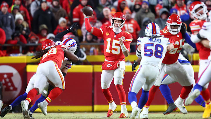 Jan 26, 2025; Kansas City, MO, USA; Kansas City Chiefs quarterback Patrick Mahomes (15) drops back to pass against the Buffalo Bills during the second half in the AFC Championship game at GEHA Field at Arrowhead Stadium. Mandatory Credit: Mark J. Rebilas-Imagn Images